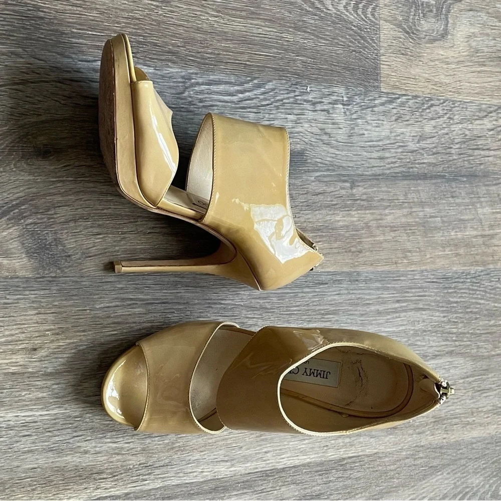 Jimmy Choo Nude Patent Platform Peep Toe Heels Ankle Cuff Stiletto Pumps 37.5